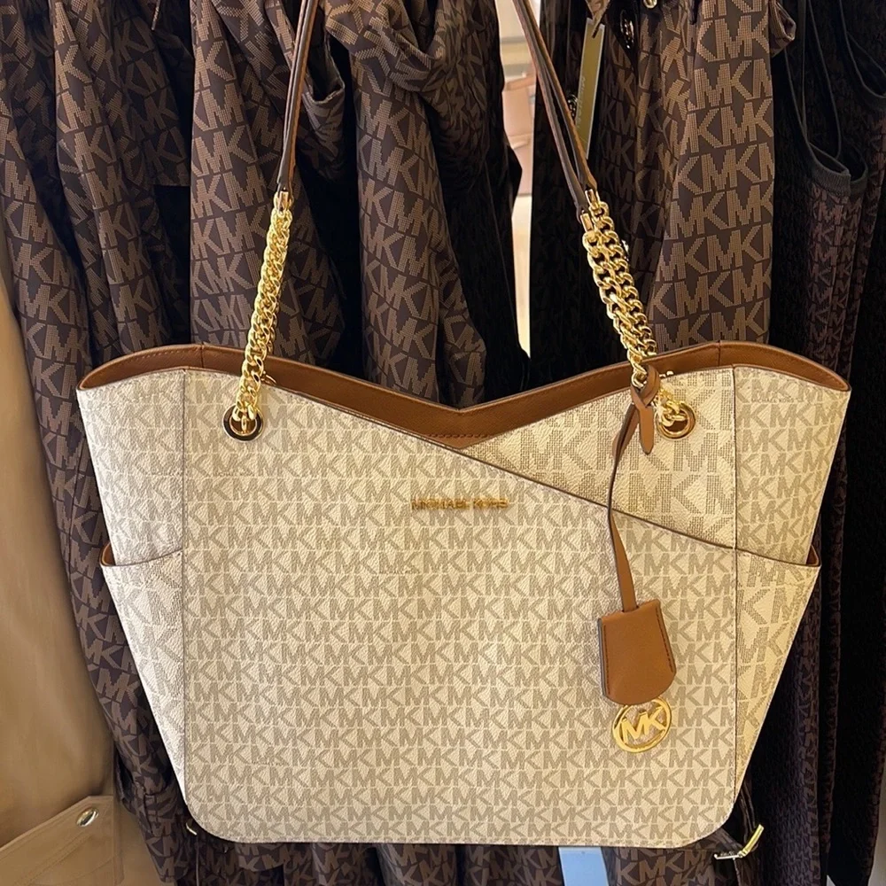 Michael Kors Jet Set Travel Large Chained Tote Shoulder Bag MK Vanilla